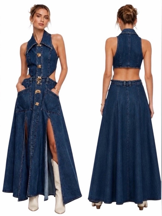 Urban Revivo Dresses & Skirts - Urban Revivo NWT Denim Cut outs Front Dlits Halter Maxi Dress sz 6